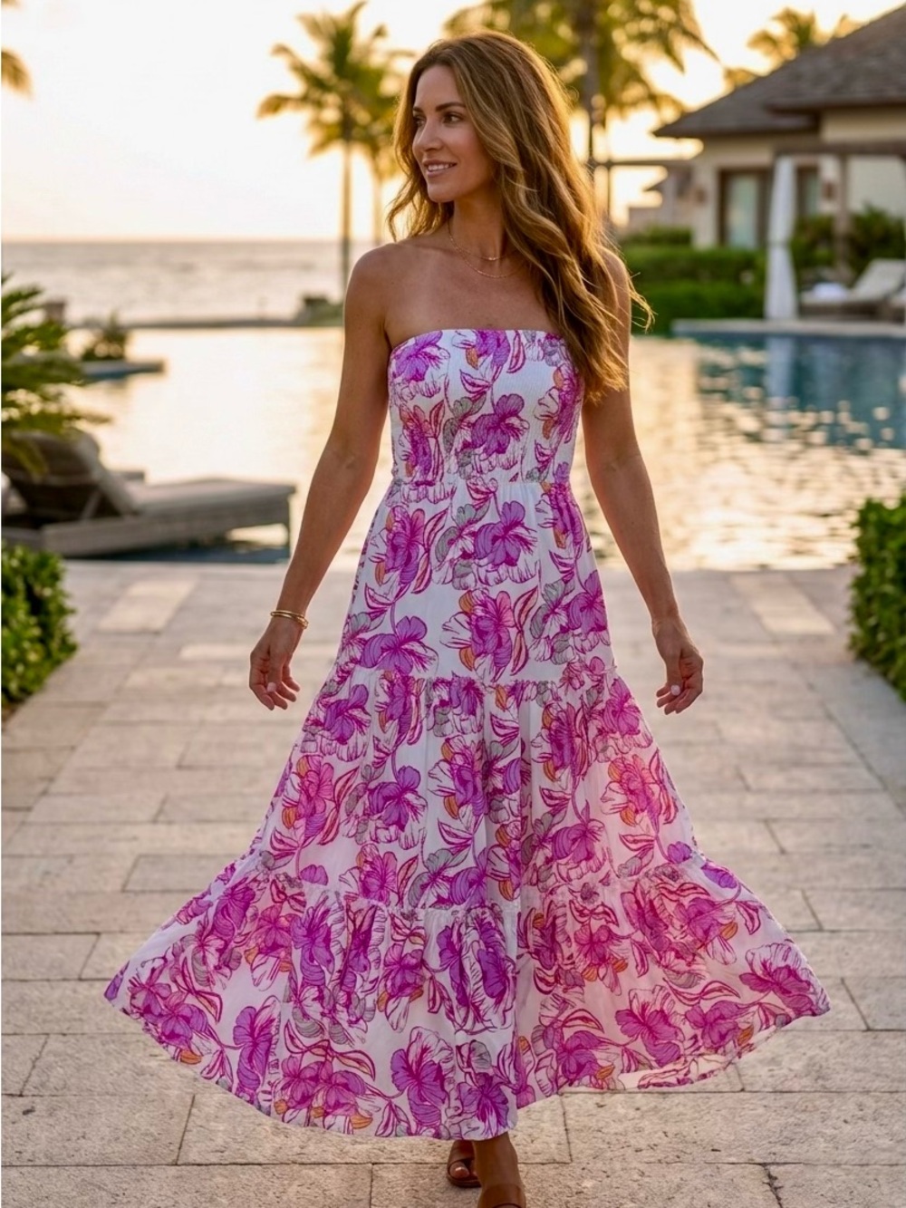 Abel The Label Pink Tropical Smocked Strapless Maxi Dress